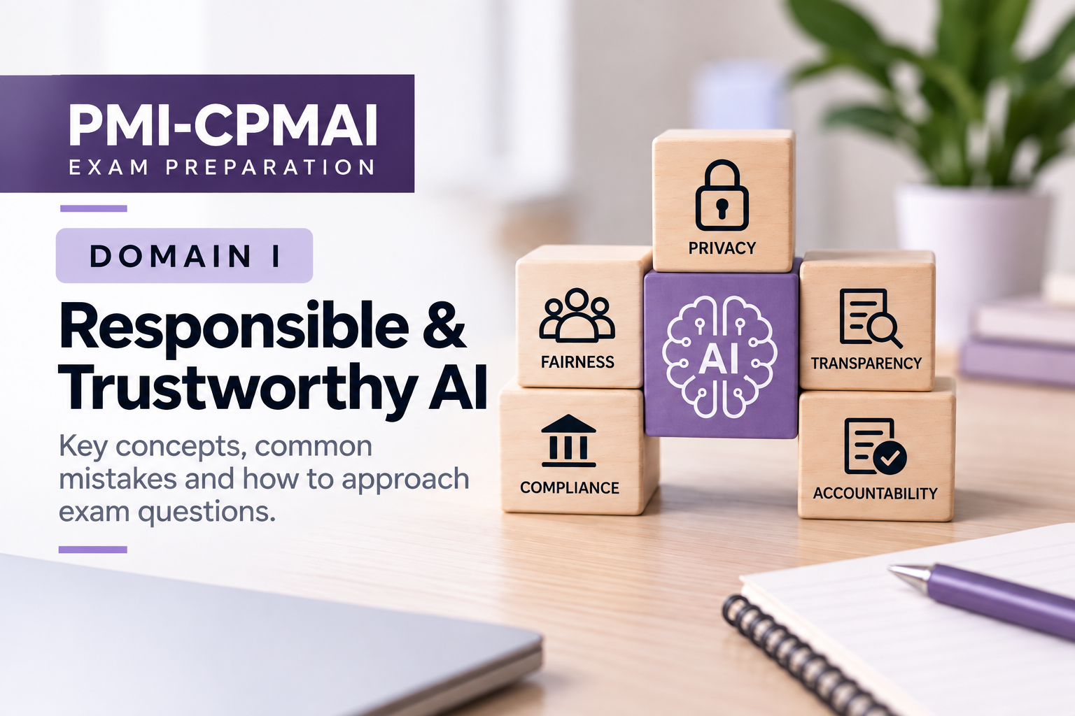 PMI-CPMAI Domain I Responsible and Trustworthy AI graphic covering Privacy, Fairness, Transparency, Compliance and Accountability.
