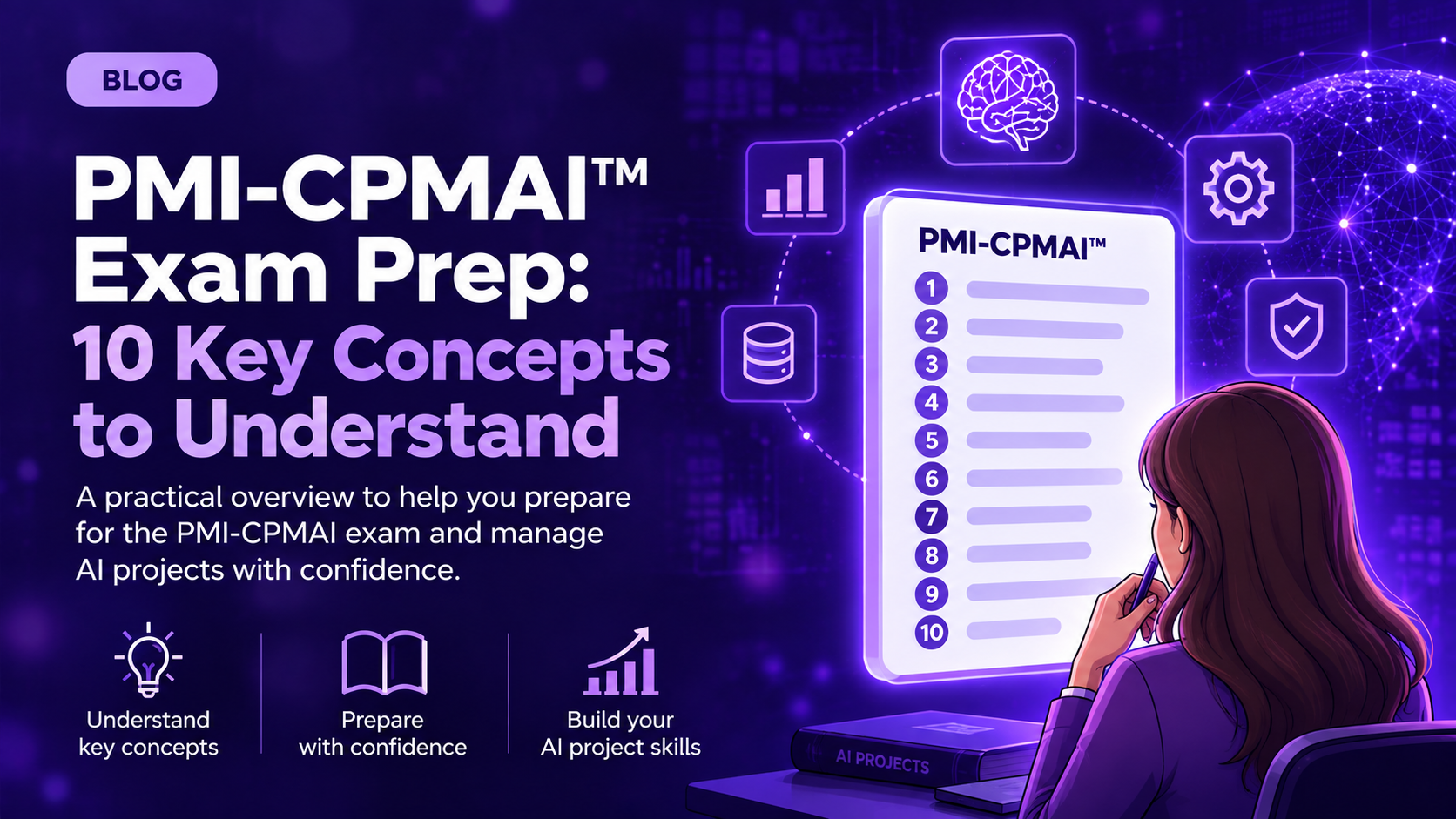 PMI-CPMAI exam prep guide highlighting 10 key concepts for AI project managers.